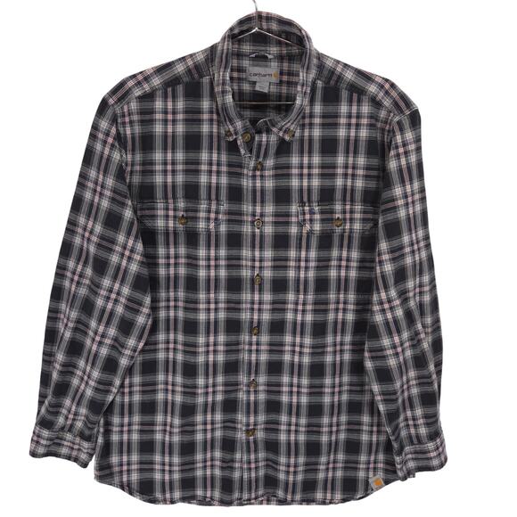 Carhartt Shirt Mens Large Black Red Plaid Fort Relaxed Fit Chambray Button Down - Picture 1 of 9